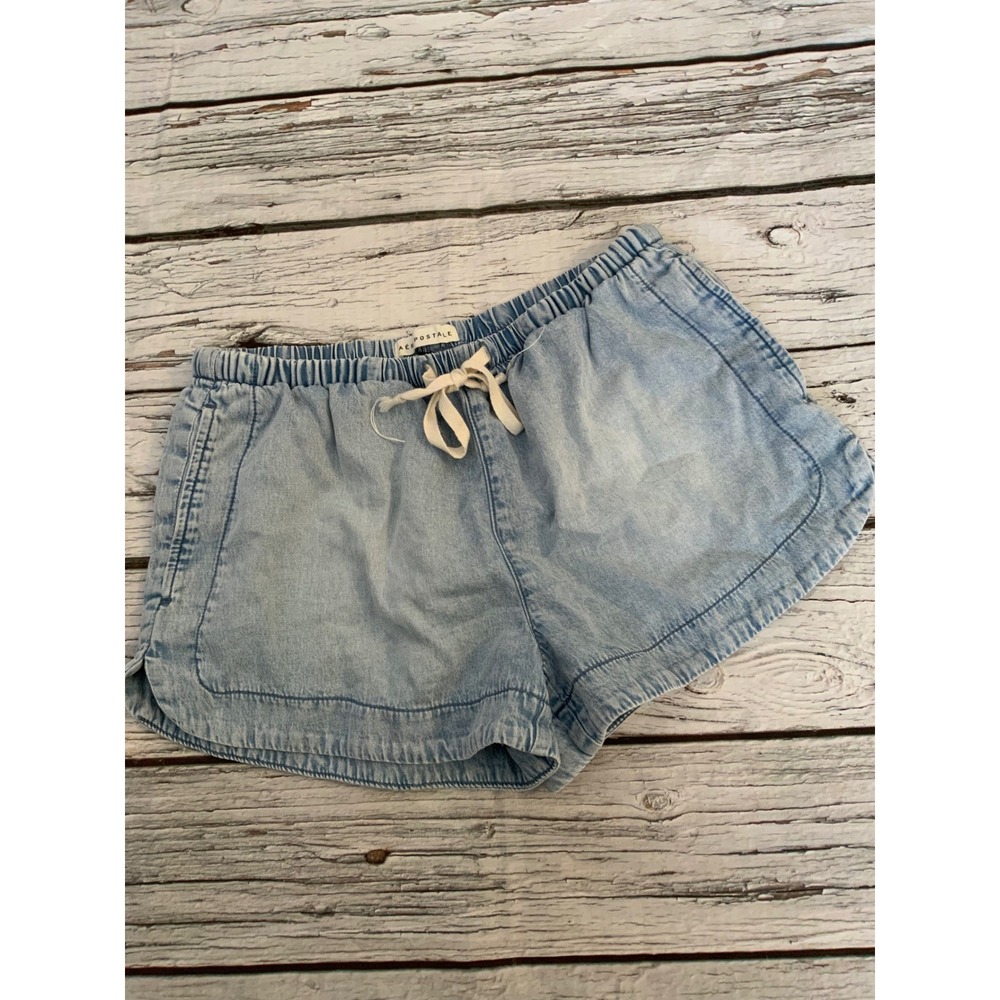 Aeropostale‎ Womens Small Light Wash Denim Dolphin Hem Shorts Elastic Waist Blue